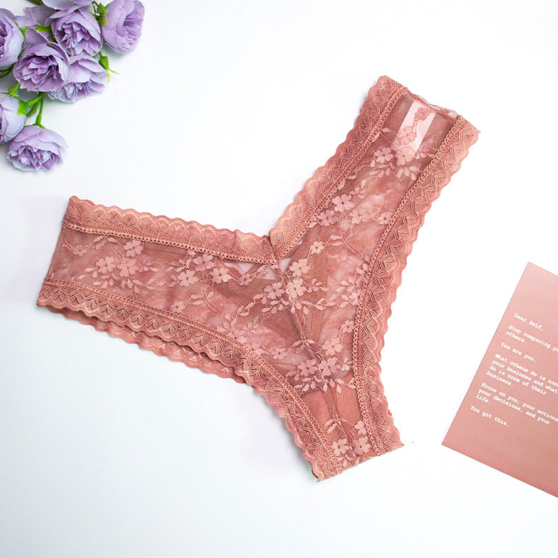 Womens Solid-Color Cotton Mid-Rise Lace Seamless Underwear With Cross-Tie Straps