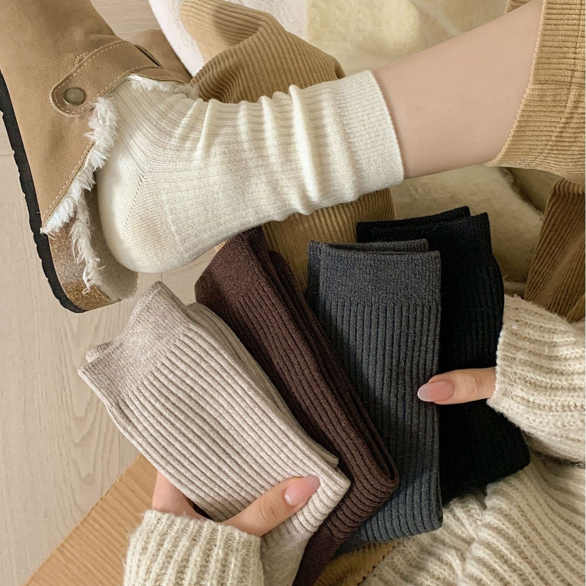 Womens Korean-style Autumnwinter Fleece-lined Chunky Solid-color Ankle Socks