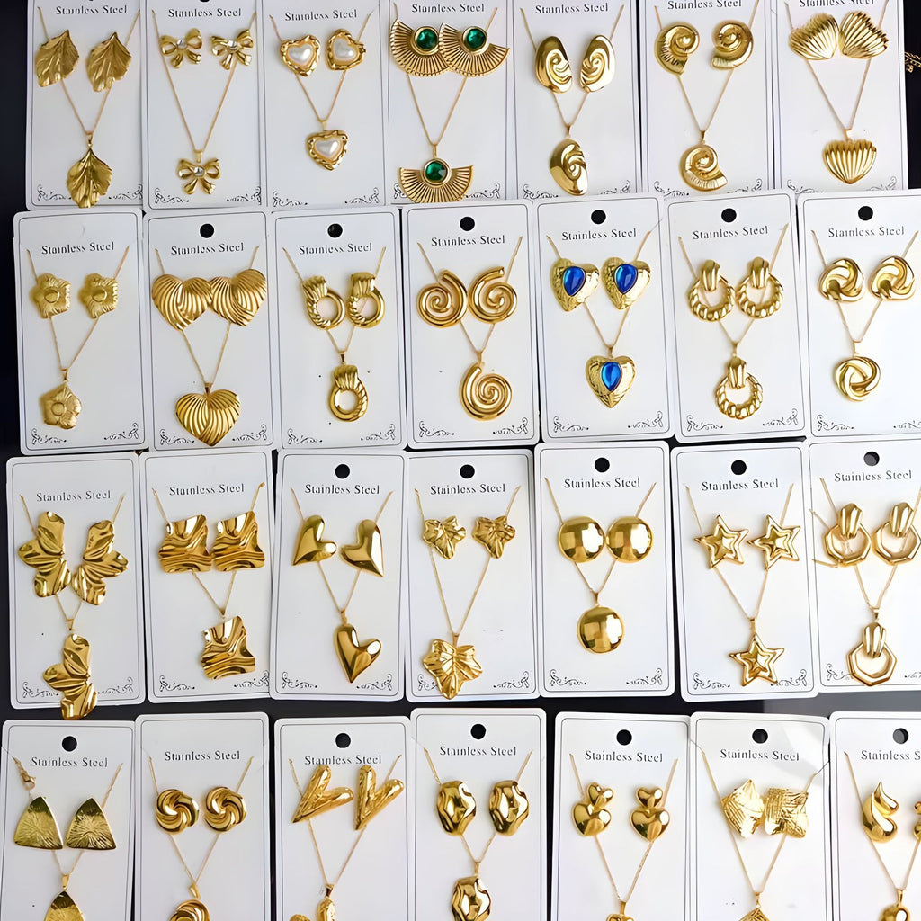 New Stainless Steel Plated 18k Gold Necklace Earring Set