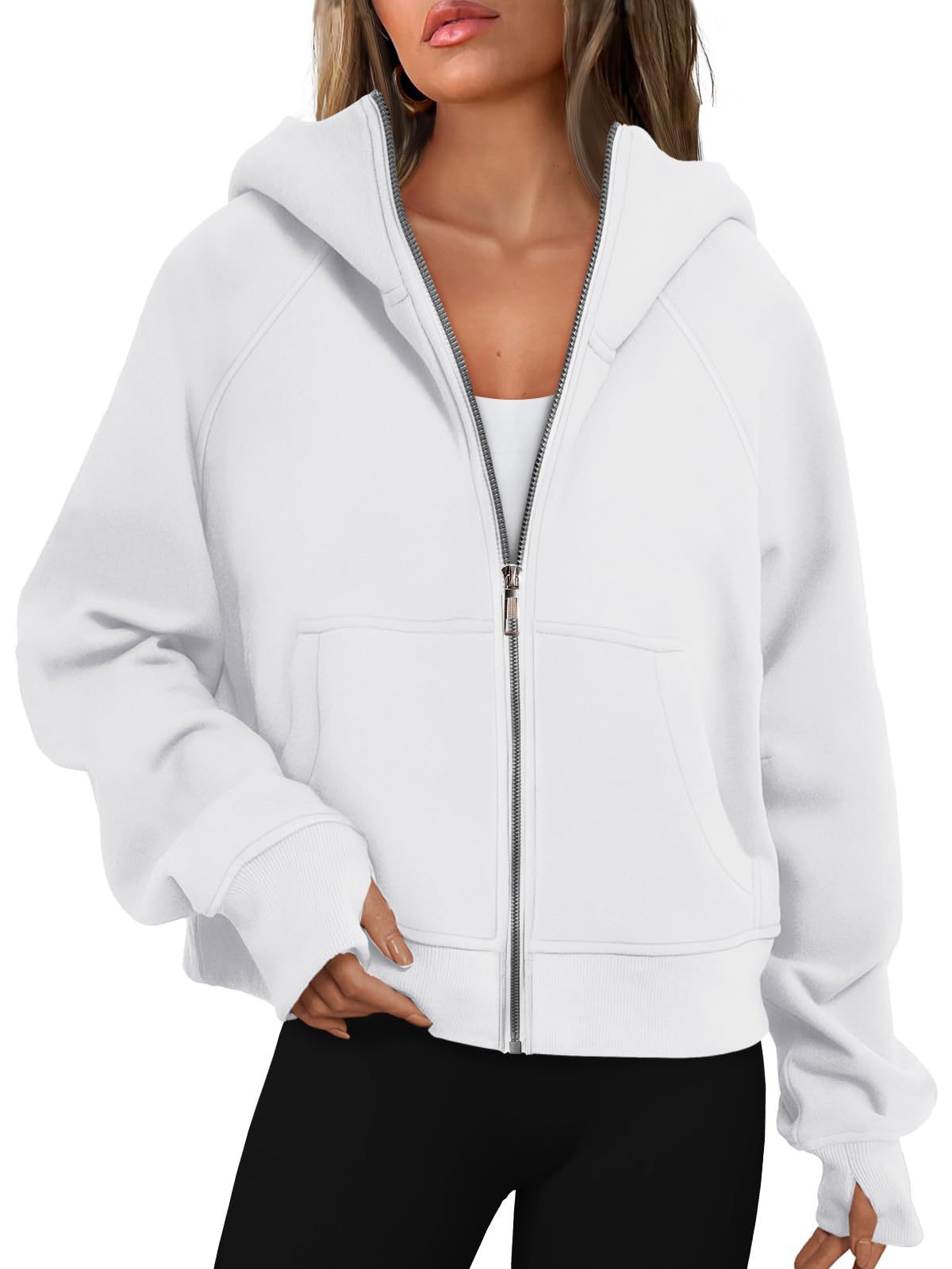 Loose Zip Long Hooded Thumb Hole Brushed Hoody