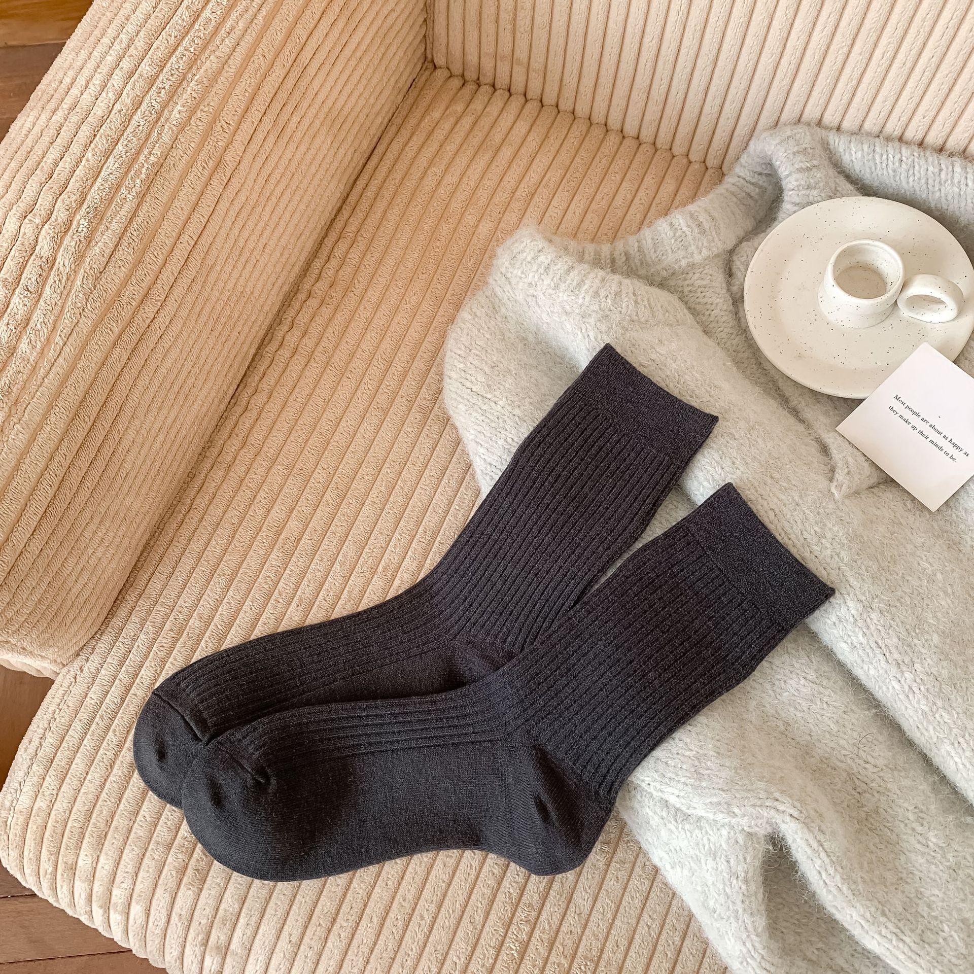 Womens Korean-style Autumnwinter Fleece-lined Chunky Solid-color Ankle Socks