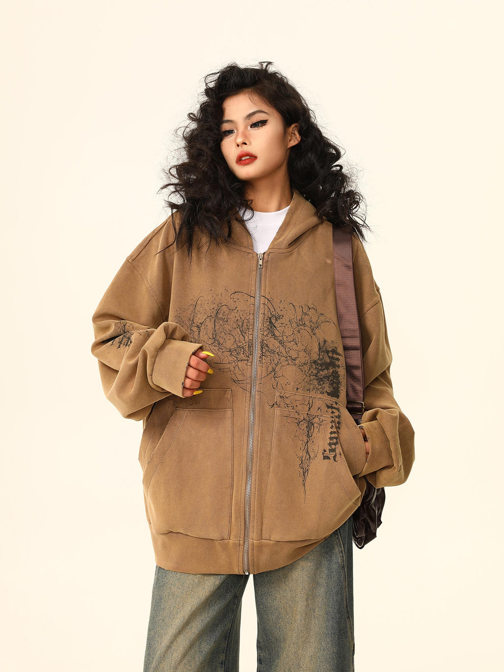 Women's Retro Printed Drawstring Brushed Hoody Loose Zipper Cardigan Outerwear