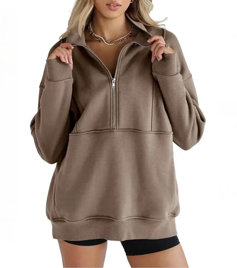 Zipper Patchwork Pocket Brushed Hoody Women's Loose
