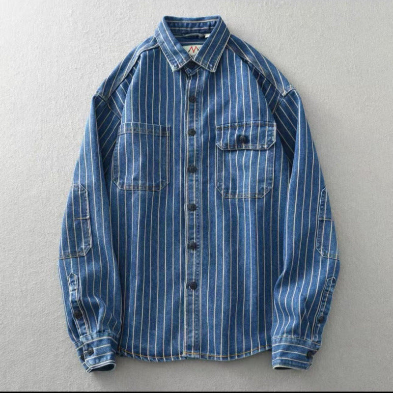New Washed-and-distressed American-style Loose-fitting Striped Long-sleeve Shirt