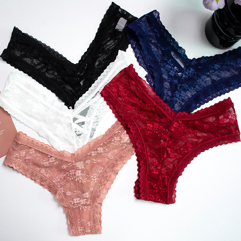 Womens Solid-Color Cotton Mid-Rise Lace Seamless Underwear With Cross-Tie Straps