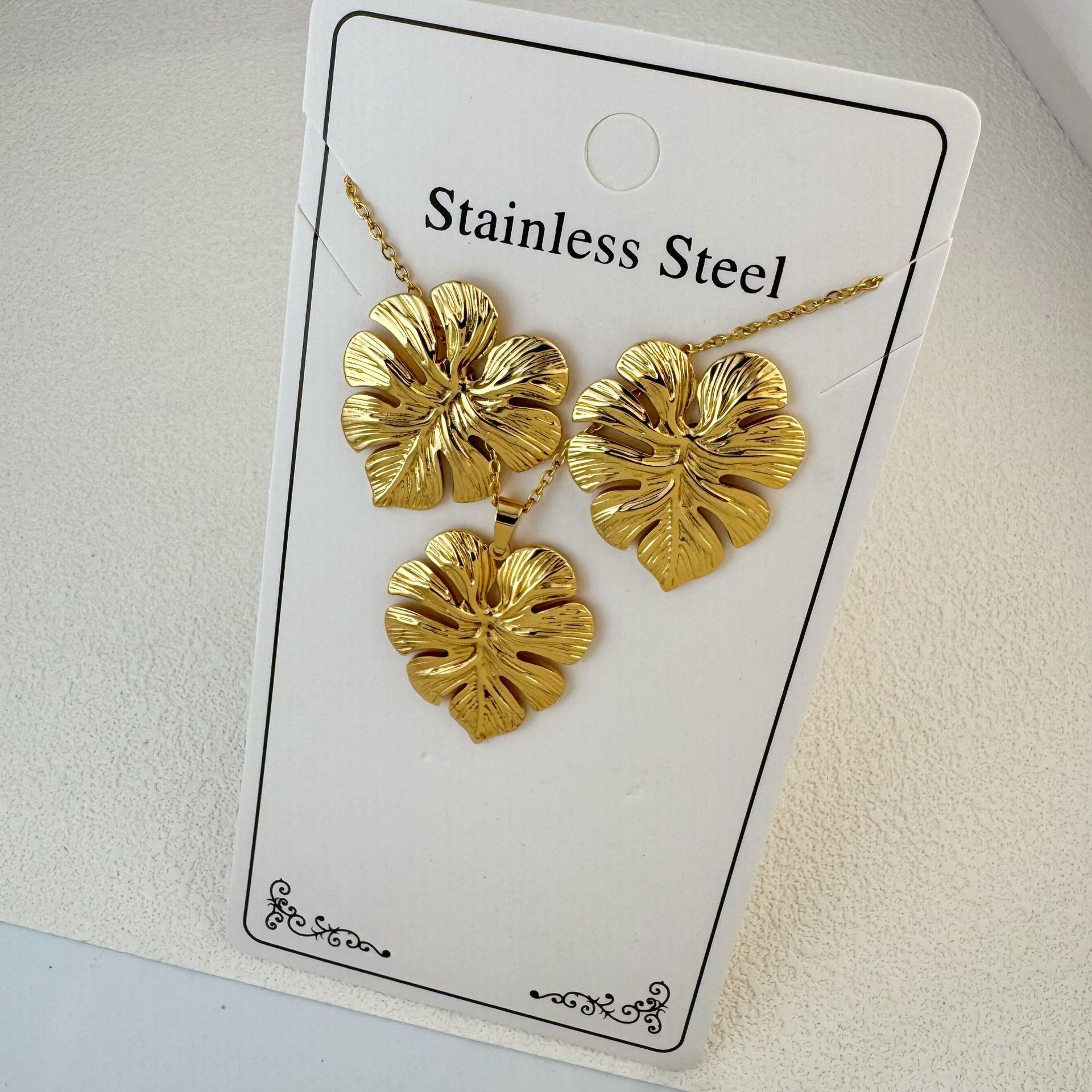 New Stainless Steel Plated 18k Gold Necklace Earring Set