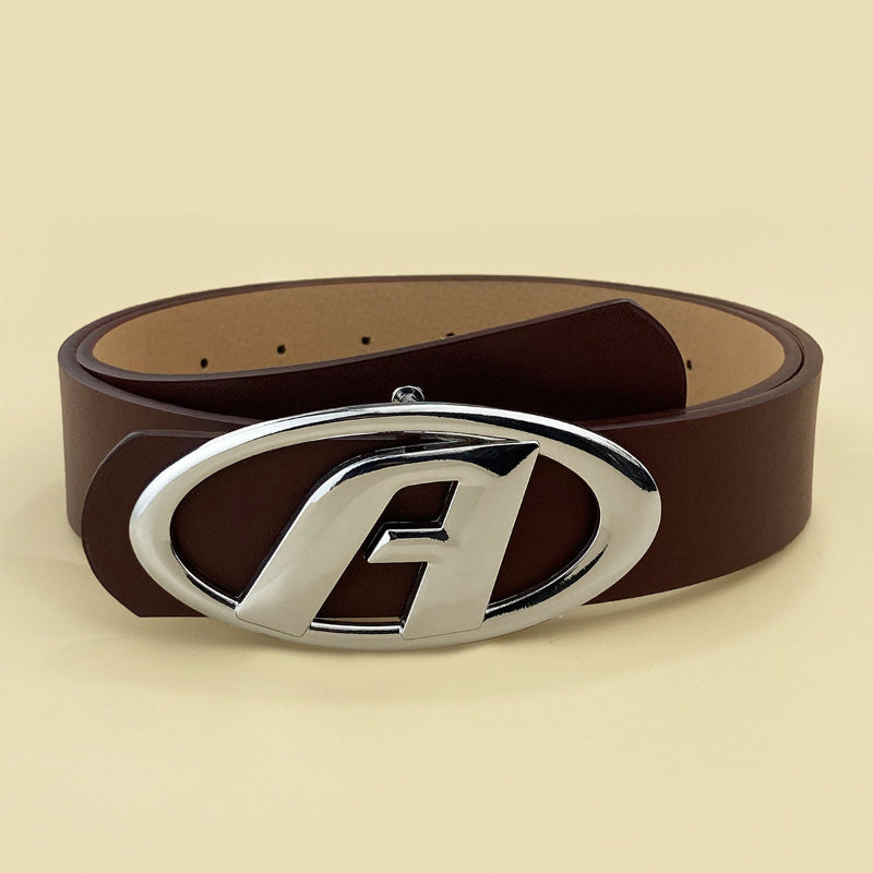 Sophisticated Metal Letter A Buckle Womens Simple Versatile Accessory FBlack Leather Belt