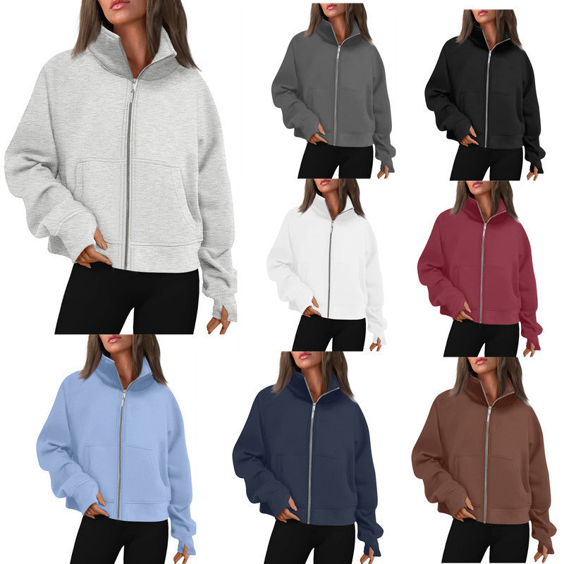 Long Zipper Short Stand Collar Thumb Hole Brushed Hoody