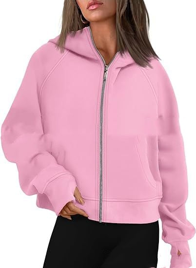Loose Zip Long Hooded Thumb Hole Brushed Hoody