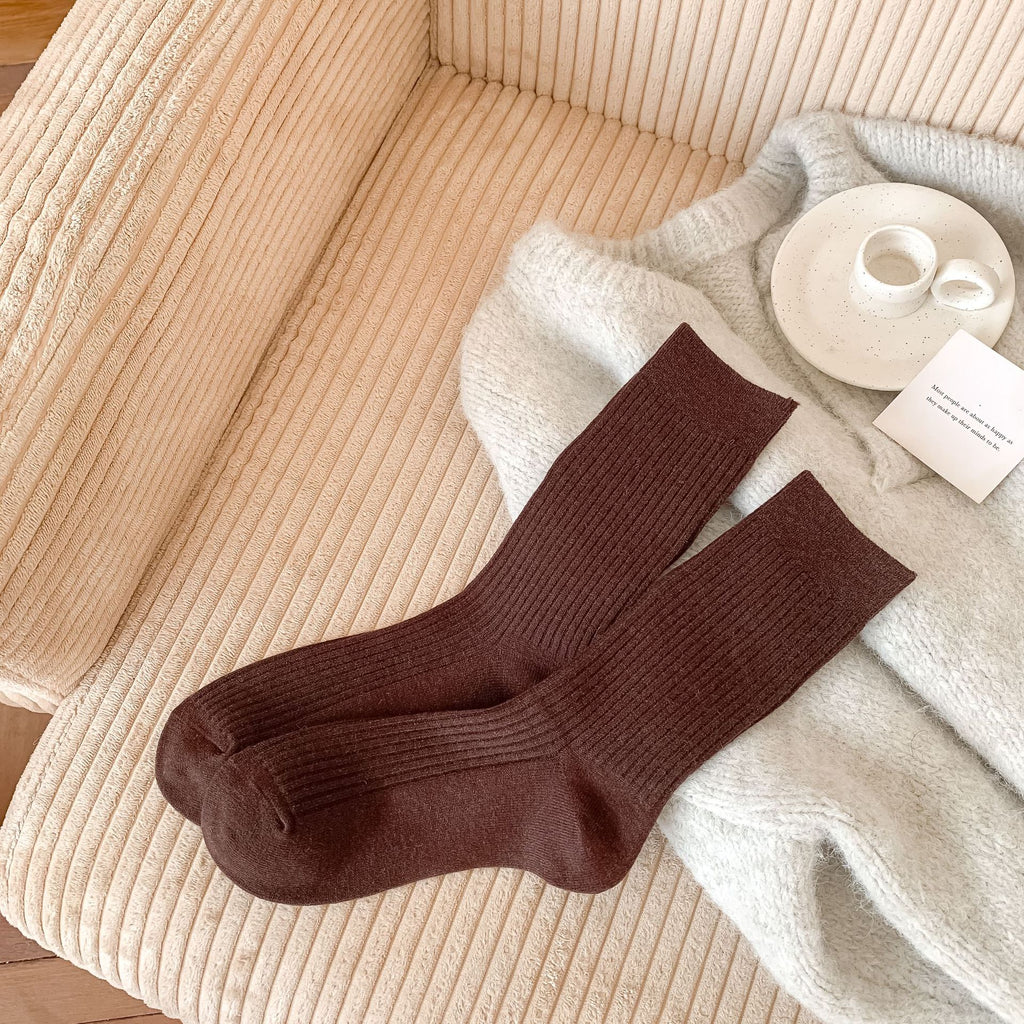 Womens Korean-style Autumnwinter Fleece-lined Chunky Solid-color Ankle Socks