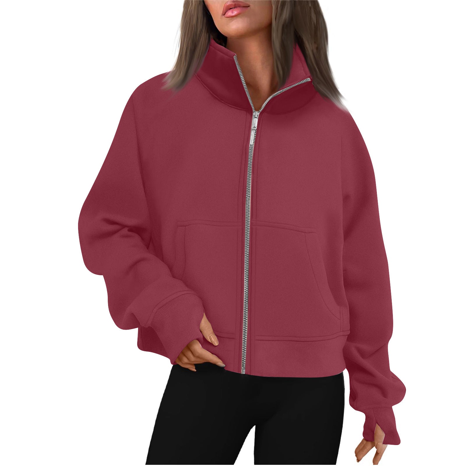 Long Zipper Short Stand Collar Thumb Hole Brushed Hoody