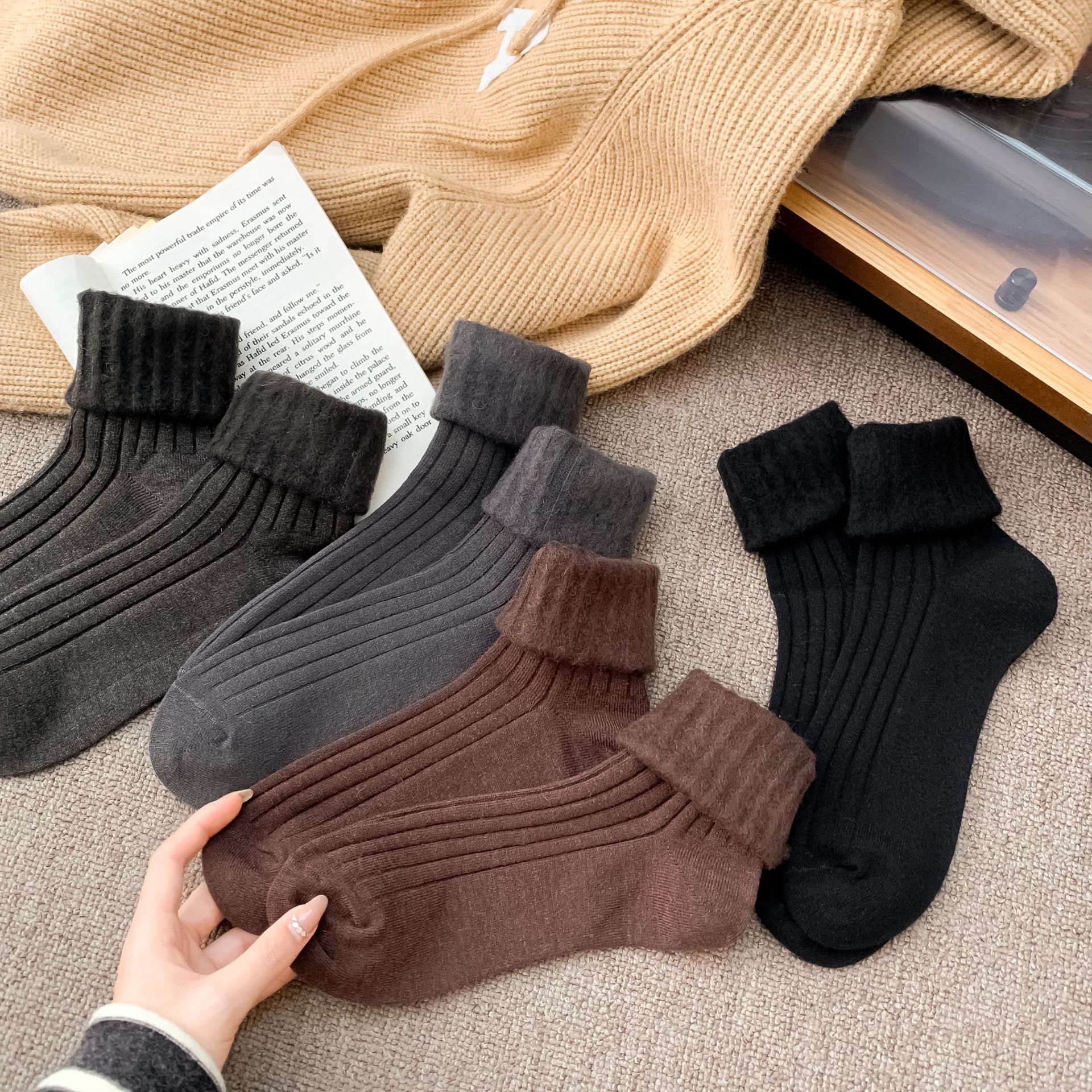 Womens Korean-style Autumnwinter Fleece-lined Chunky Solid-color Ankle Socks
