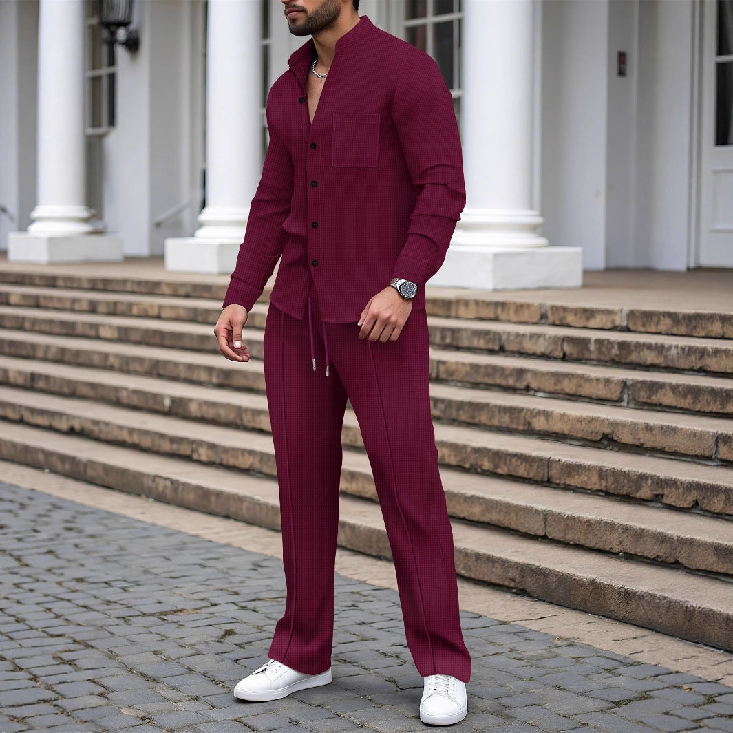 Waffle-textured Solid-color Stand-collar Shirt And Long-sleeve Pants Casual Set