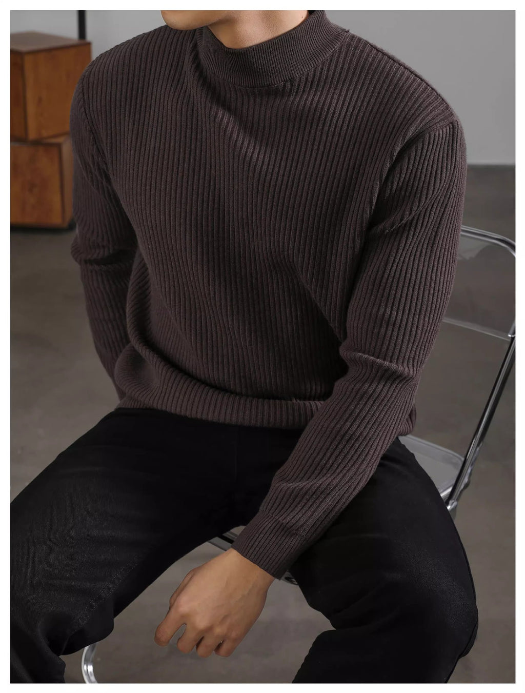 Mens Warm Korean-style Half-turtleneck Sweater With Vertical Stripes For Layering