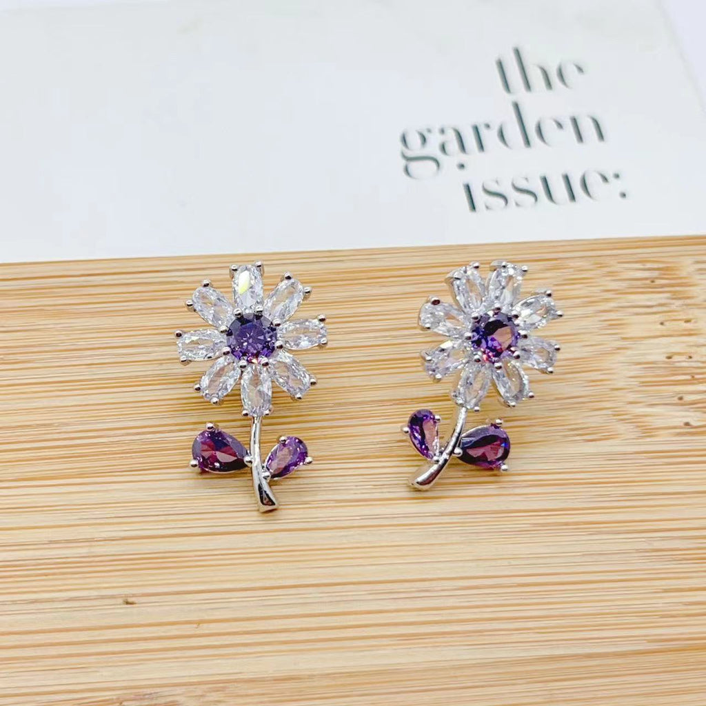 Zirconia Purple Flower Light Luxury Necklace And Earrings