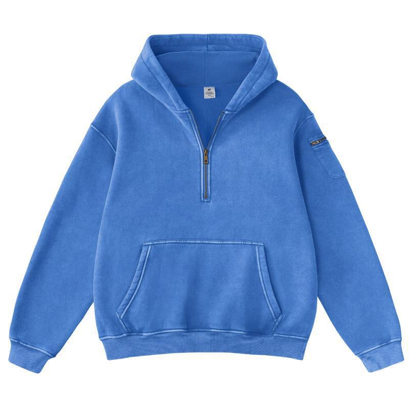 Mens Solid-Color Zip-Up Casual Loose Long-Sleeve Hoodie
