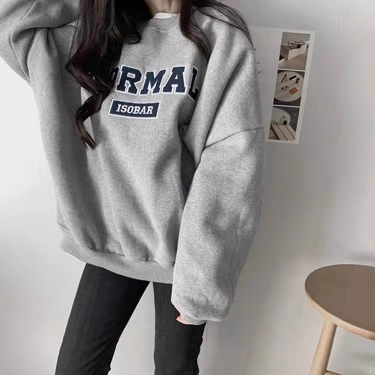 Gray Capless Round Neck Brushed Hoody Women's Loose