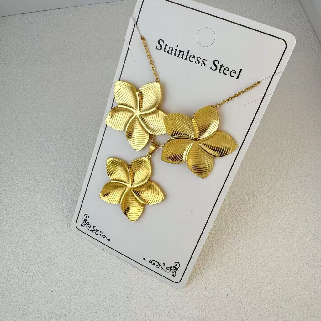 New Stainless Steel Plated 18k Gold Necklace Earring Set