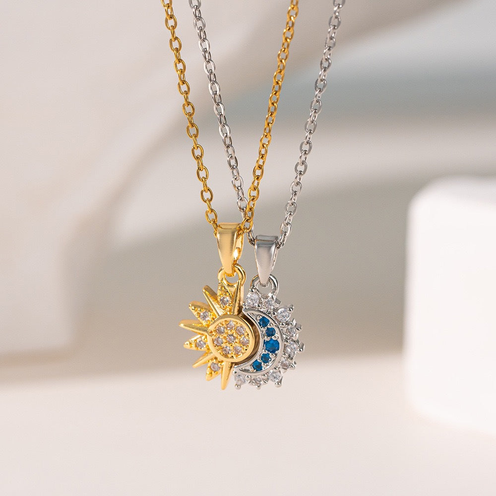 Sun Moon Necklace Open Ring Set