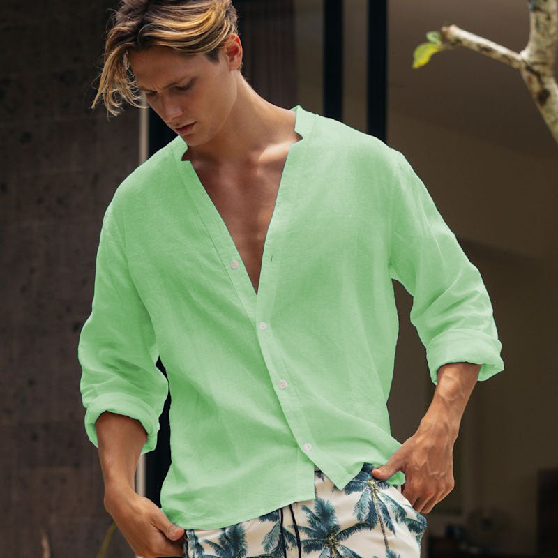 Mens Solid-color Casual Button-up Shirt Breathable