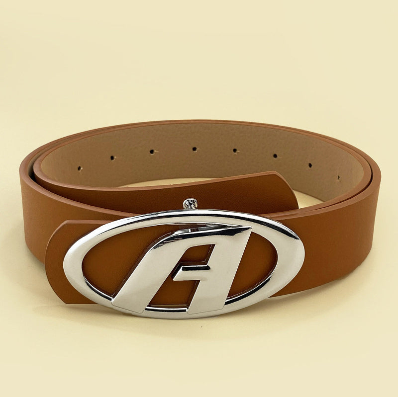 Sophisticated Metal Letter A Buckle Womens Simple Versatile Accessory FBlack Leather Belt