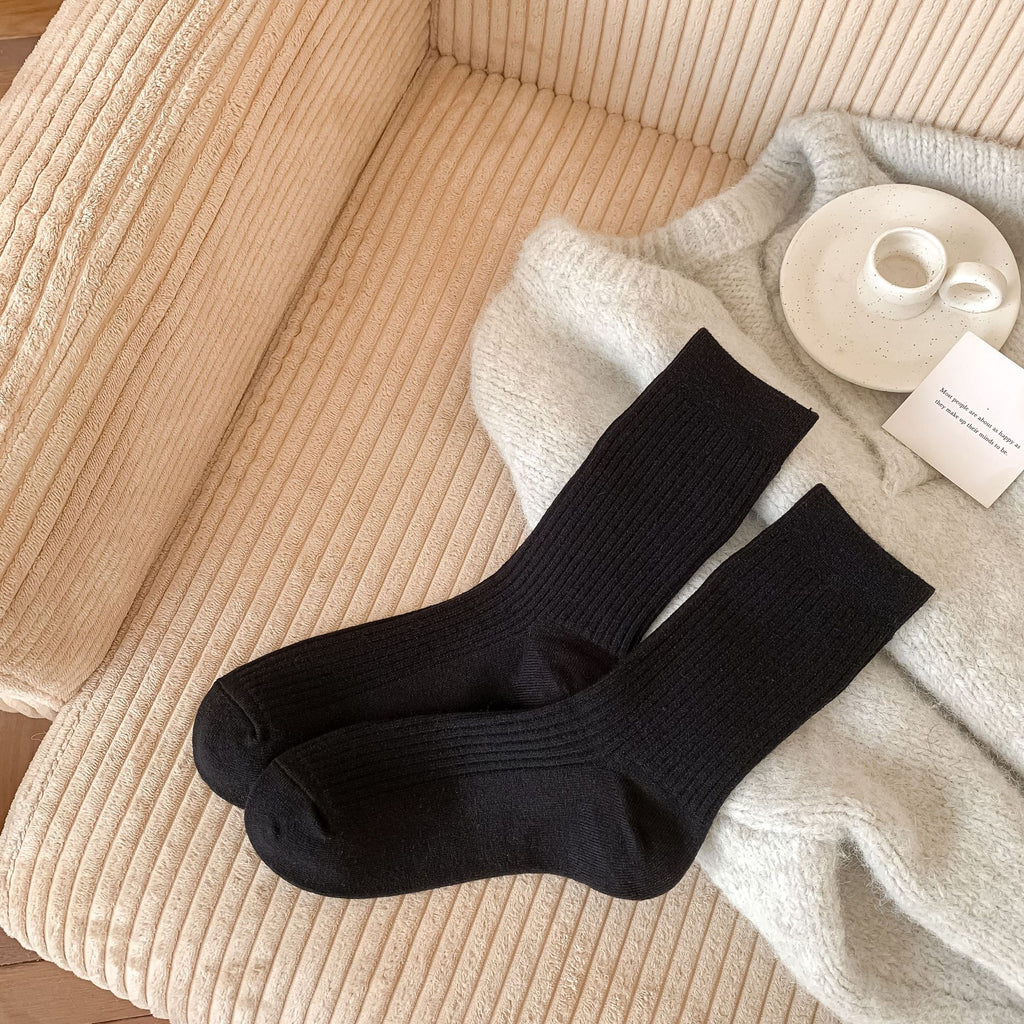 Womens Korean-style Autumnwinter Fleece-lined Chunky Solid-color Ankle Socks