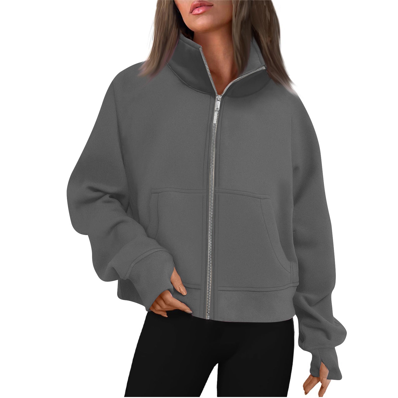 Long Zipper Short Stand Collar Thumb Hole Brushed Hoody