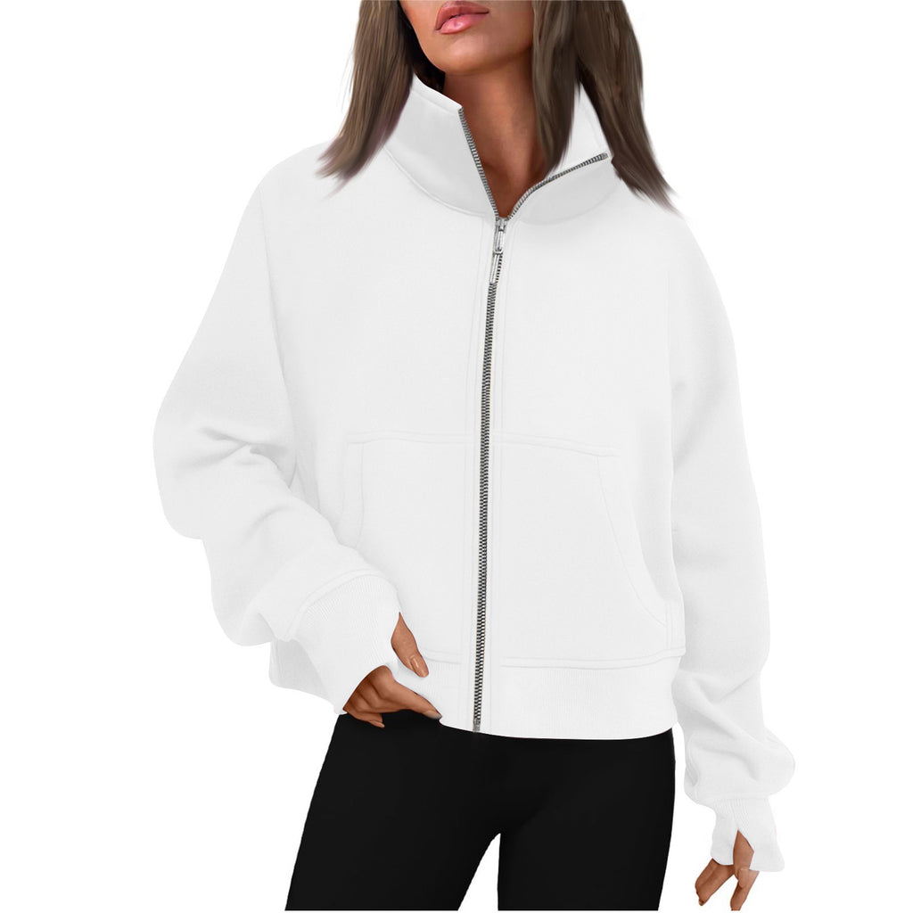 Long Zipper Short Stand Collar Thumb Hole Brushed Hoody