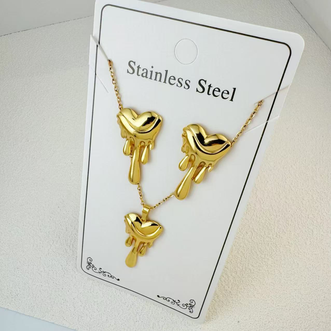 New Stainless Steel Plated 18k Gold Necklace Earring Set