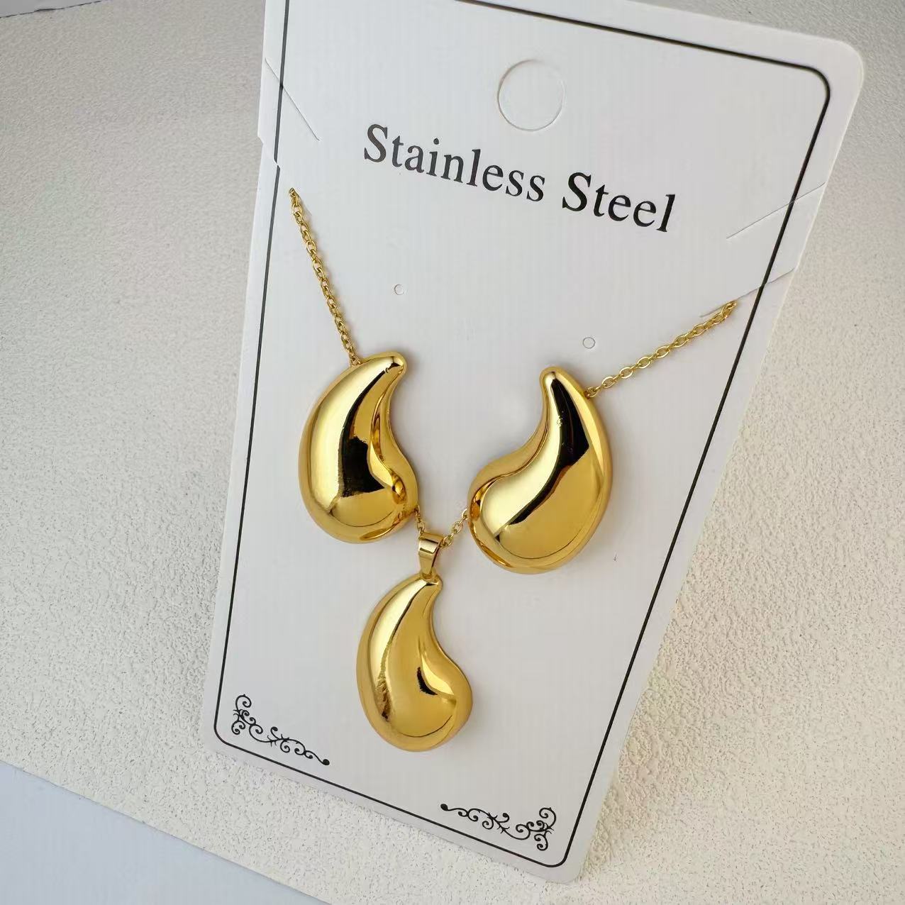 New Stainless Steel Plated 18k Gold Necklace Earring Set