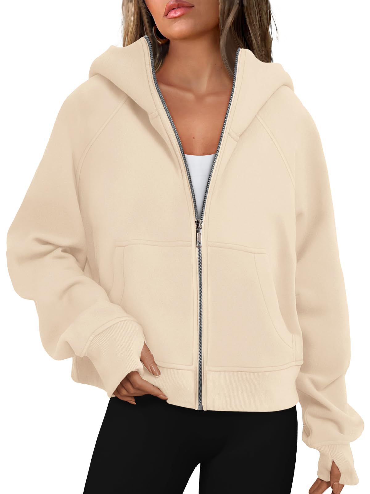 Loose Zip Long Hooded Thumb Hole Brushed Hoody