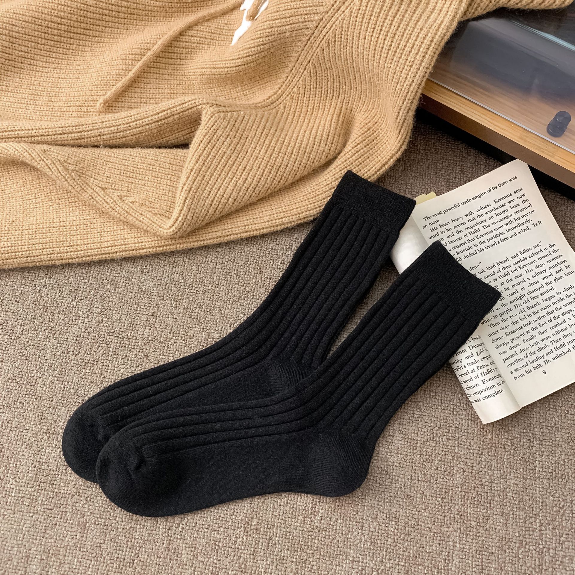 Womens Korean-style Autumnwinter Fleece-lined Chunky Solid-color Ankle Socks
