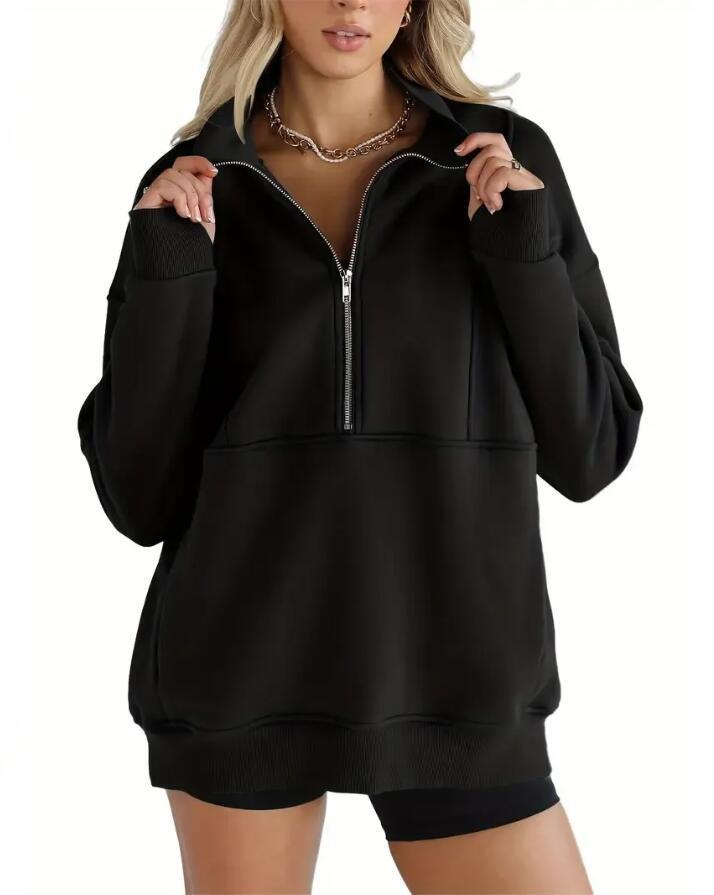 Zipper Patchwork Pocket Brushed Hoody Women's Loose