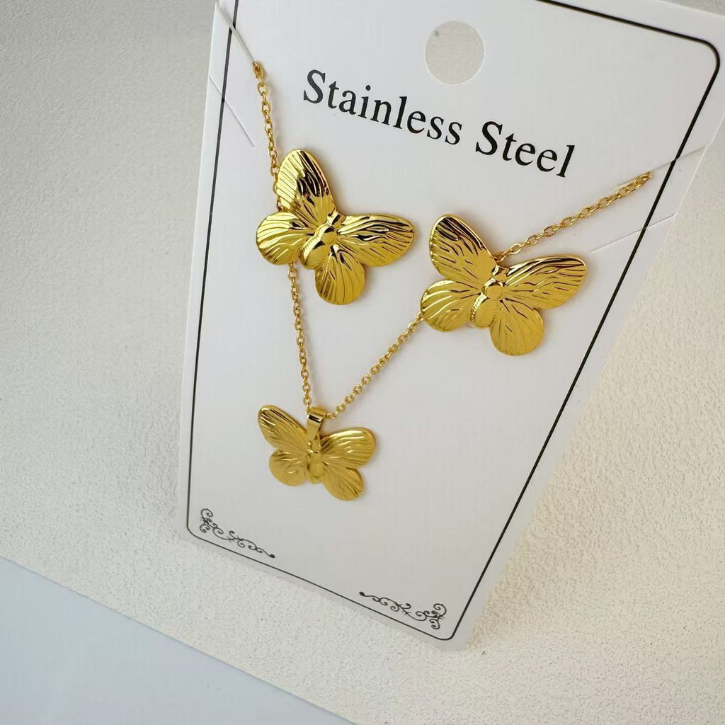 New Stainless Steel Plated 18k Gold Necklace Earring Set