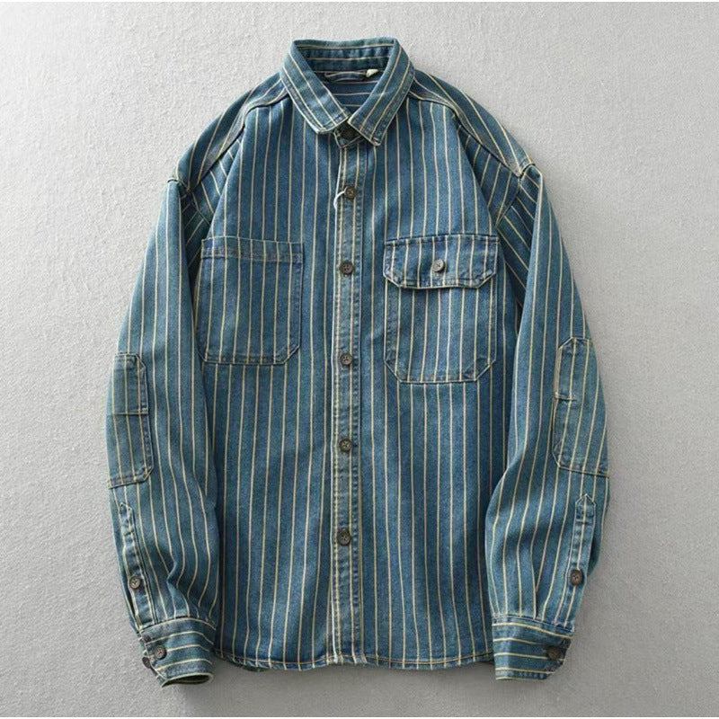 New Washed-and-distressed American-style Loose-fitting Striped Long-sleeve Shirt