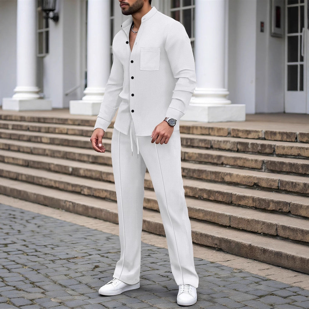 Waffle-textured Solid-color Stand-collar Shirt And Long-sleeve Pants Casual Set