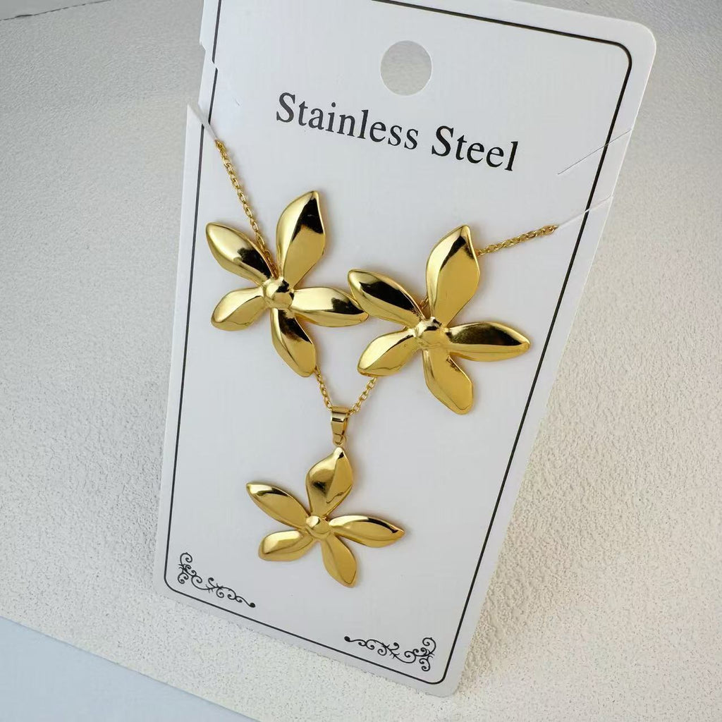 New Stainless Steel Plated 18k Gold Necklace Earring Set