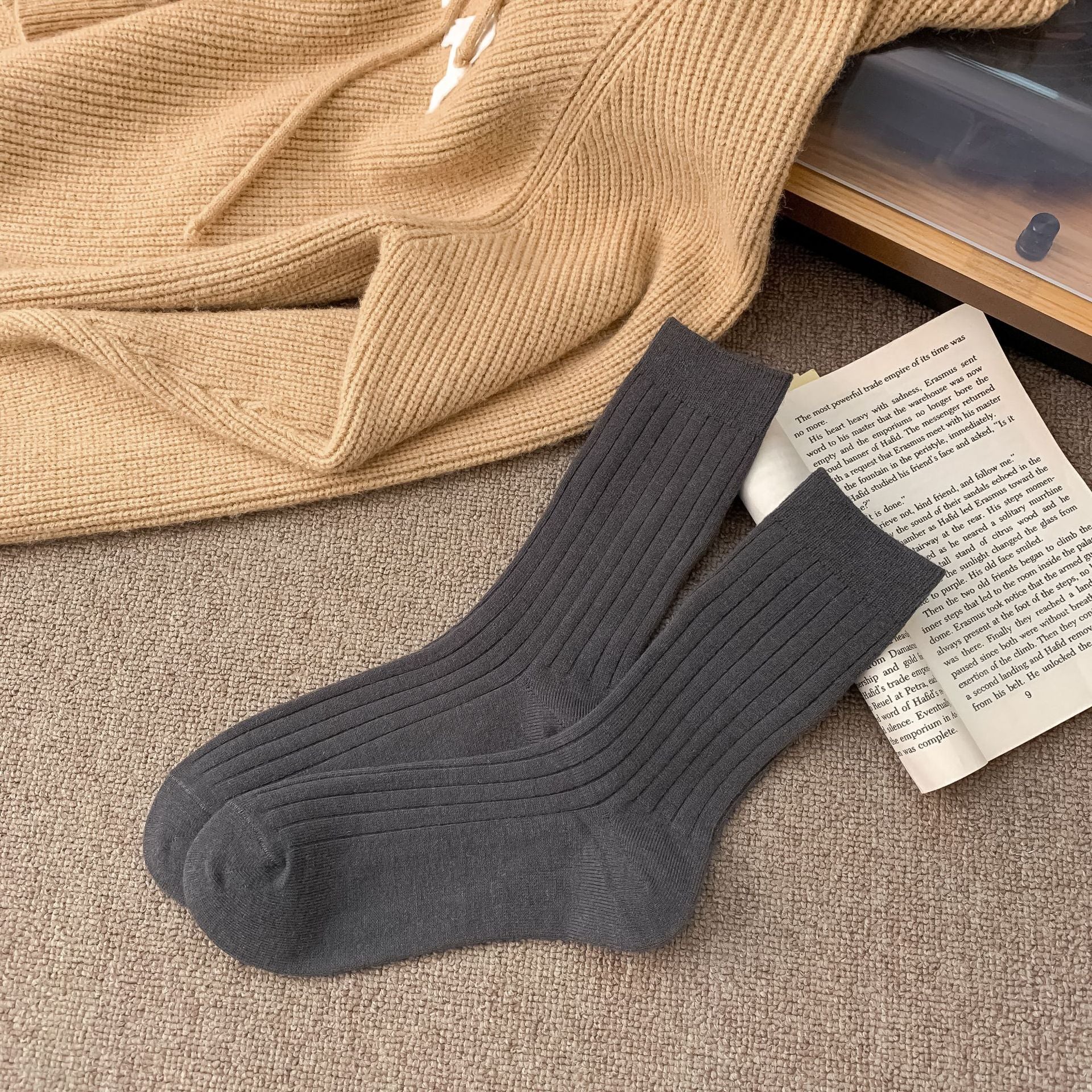 Womens Korean-style Autumnwinter Fleece-lined Chunky Solid-color Ankle Socks