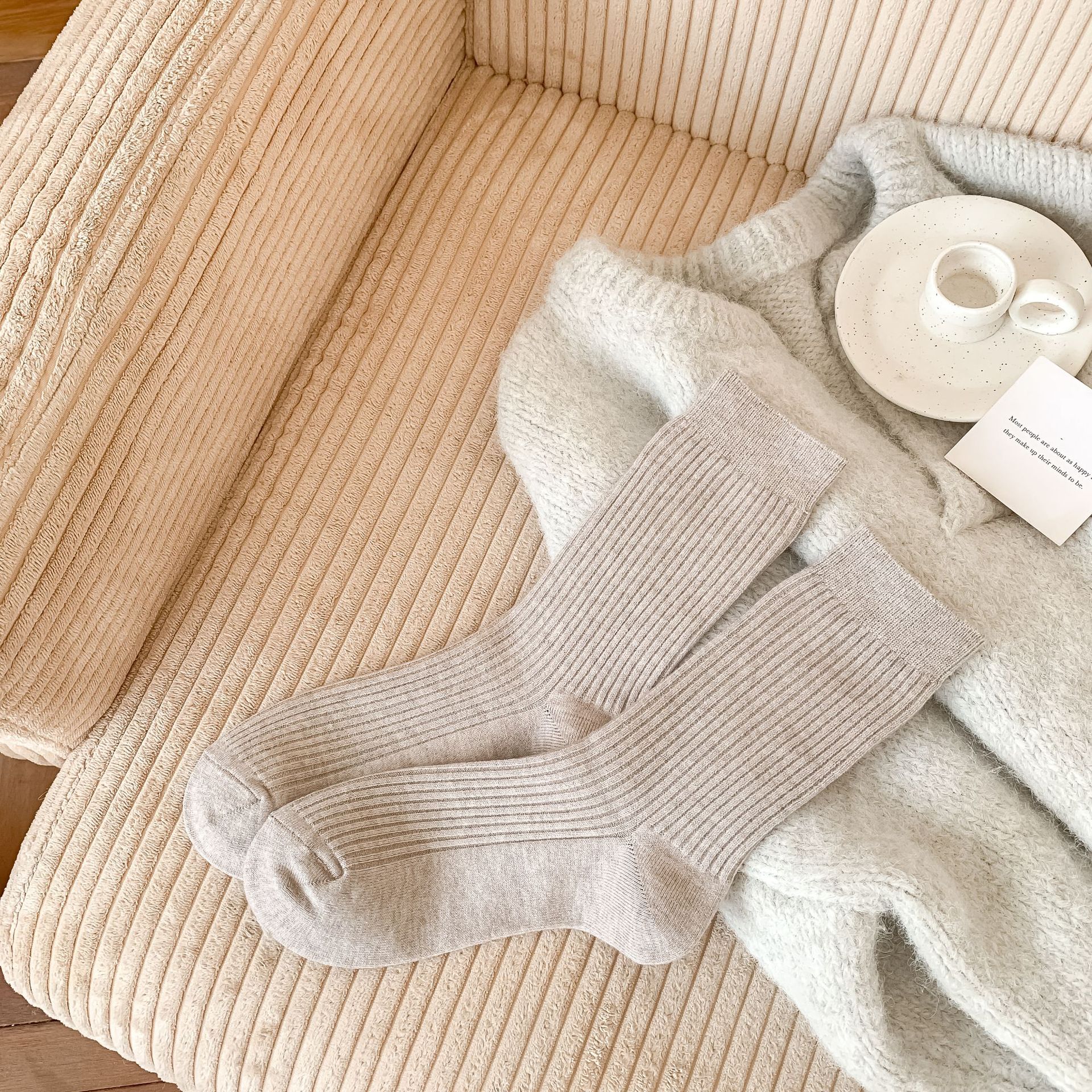 Womens Korean-style Autumnwinter Fleece-lined Chunky Solid-color Ankle Socks