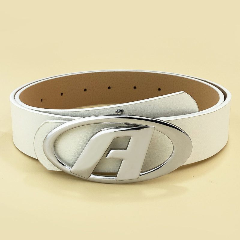 Sophisticated Metal Letter A Buckle Womens Simple Versatile Accessory FBlack Leather Belt