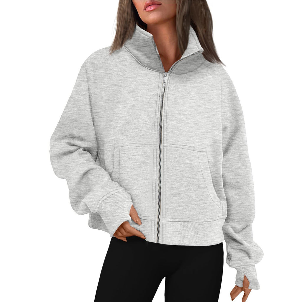 Long Zipper Short Stand Collar Thumb Hole Brushed Hoody