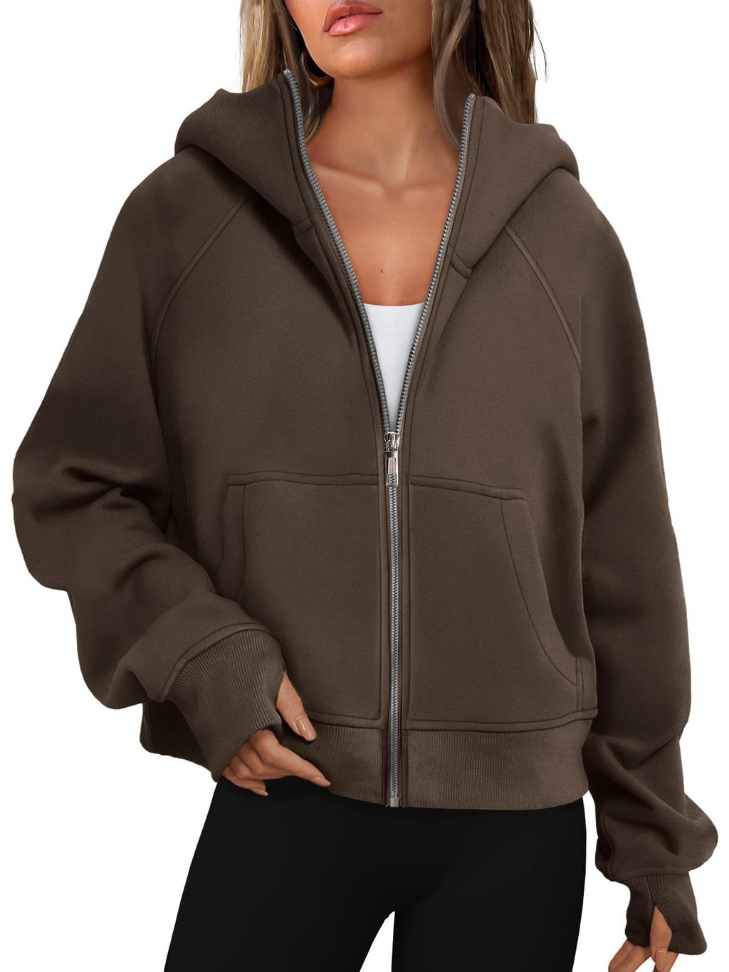 Loose Zip Long Hooded Thumb Hole Brushed Hoody