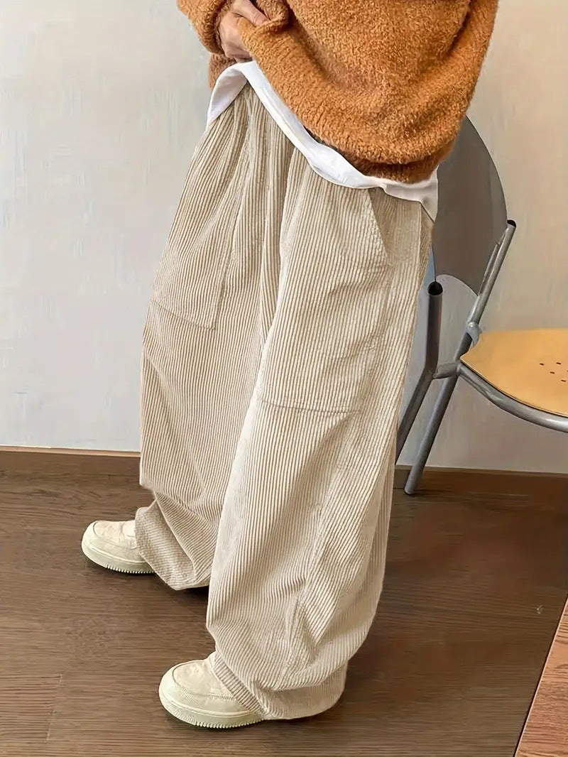 Loose-fitting Corduroy Retro Pants With A Stretchy Elastic Waist Available