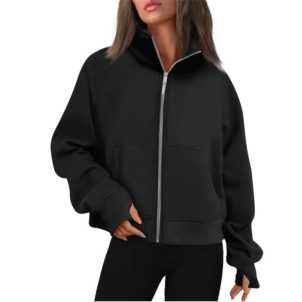 Long Zipper Short Stand Collar Thumb Hole Brushed Hoody